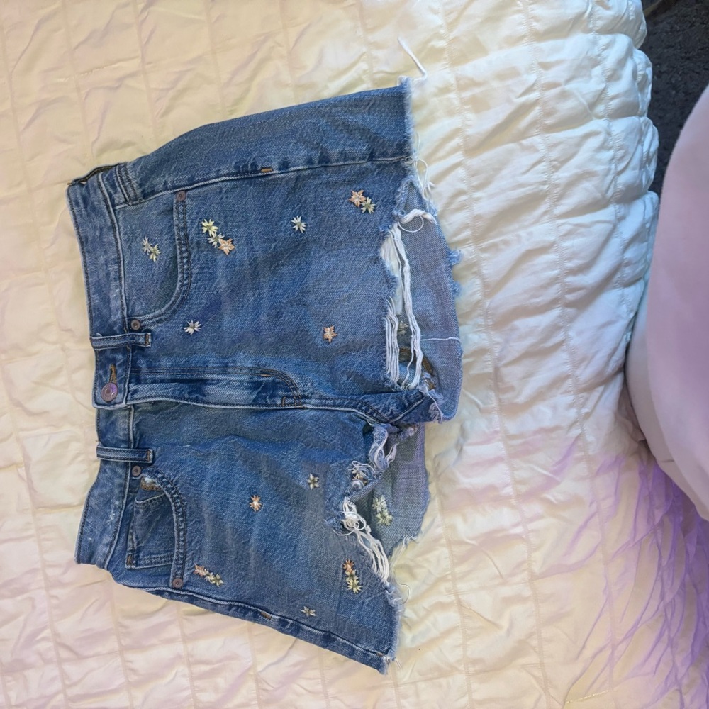 American Eagle Blue Jean Shorts with Floral Embroidery